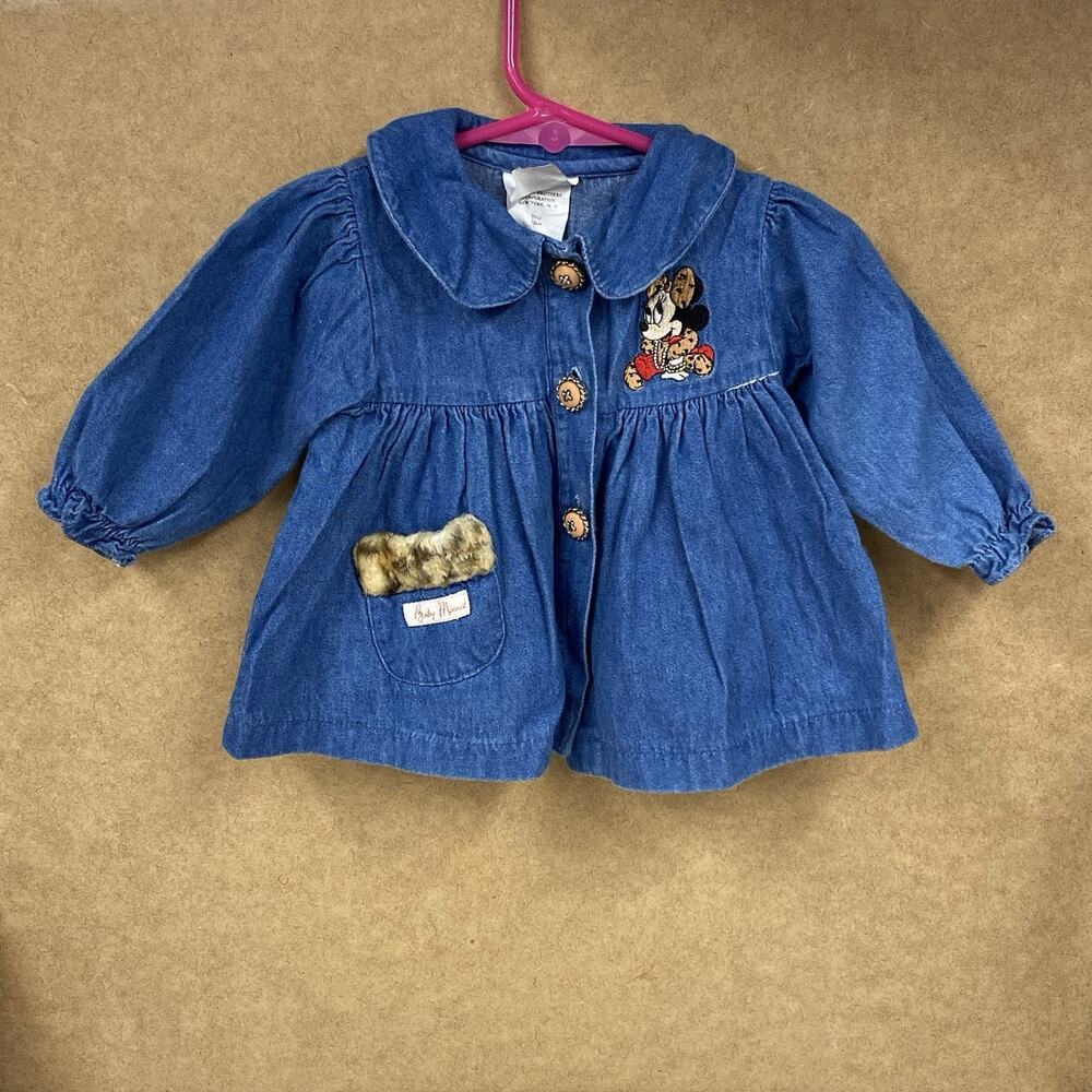 Vtg Disney Baby Mickey Denim Minnie Mouse Shirt Size 6/9 Months - Missing button